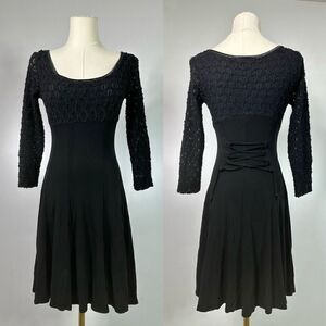 Orna Farho Little Black Dress Fitted Stretchy Sz 1/ XS  Coquette Witchy Ballet